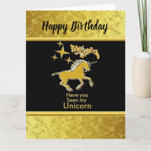 Gold foil unicorn pony with Golden stars and black Karte