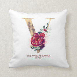Gold Foil V Monogram Floral Burgund Red Kissen