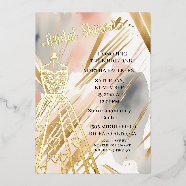 Gold Foil Wedding Dress Brautparty Folieneinladung (Vorderseite)