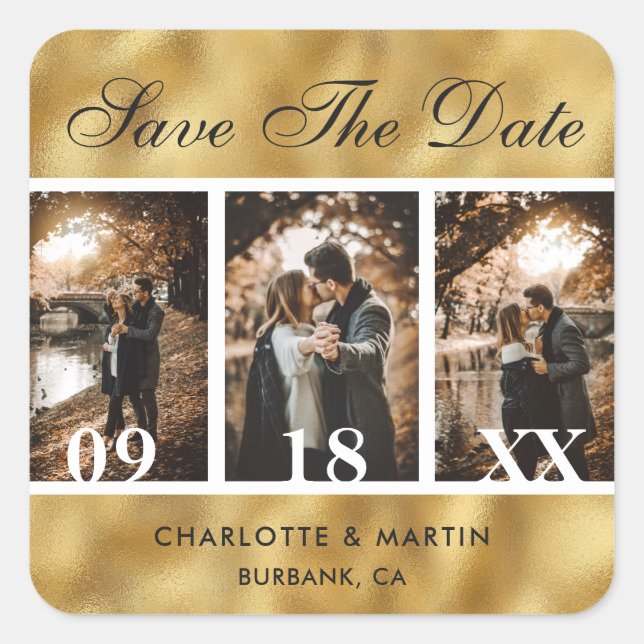 Gold Foil Wedding Foto Save the Date Stickers (Vorderseite)