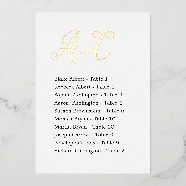 Gold Foil Wedding Guest Table Assignations Cards Folieneinladung (Vorderseite)