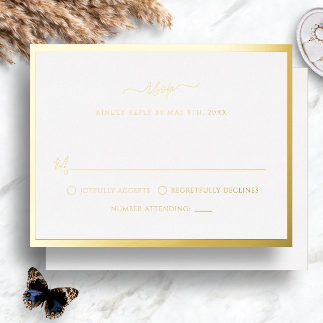 Gold Foil Wedding RSVP Card Folie Einladungspostkarte (Elegant Simple Gold Border Foil Wedding RSVP Card by Painted Paperie
)