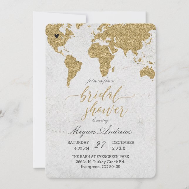 Gold Foil World Map Bridal Dusche Einladung (Vorderseite)