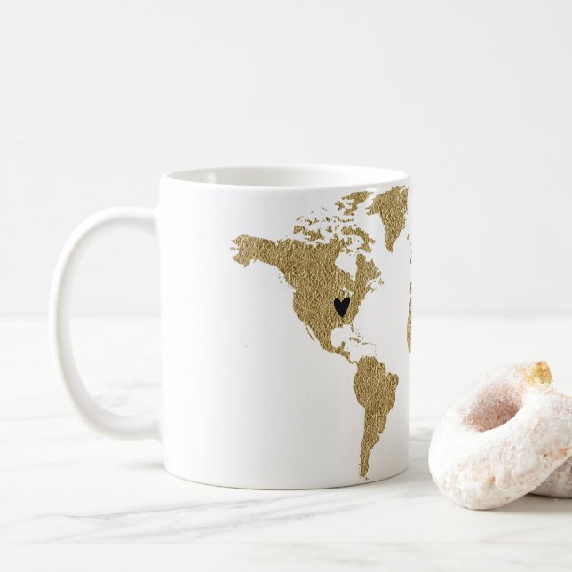 Gold Foil World Map Custom Moveable Heart Position Tasse (Mit Donut)