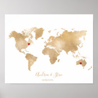 Gold Foil World Map mit beweglichem Herzen Paare