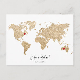 Gold Foil World Map mit herausnehmbaren Herzen Paa Postkarte