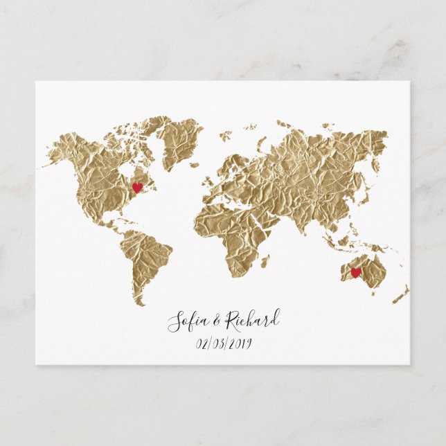 Gold Foil World Map mit herausnehmbaren Herzen Paa Postkarte (Vorderseite)
