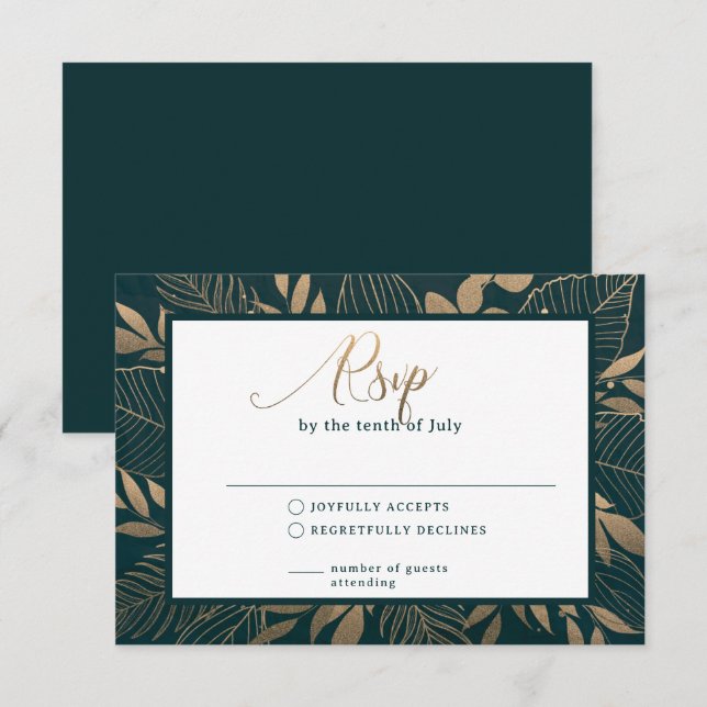 Gold Foliage Border Forest Green RSVP Karte (Vorne/Hinten)