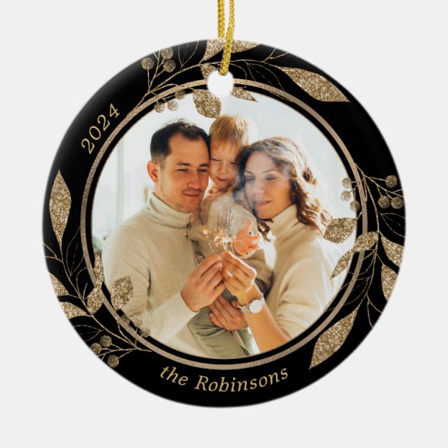 Gold Foliage Family Foto Black Christmas Keramik Ornament (Vorne)
