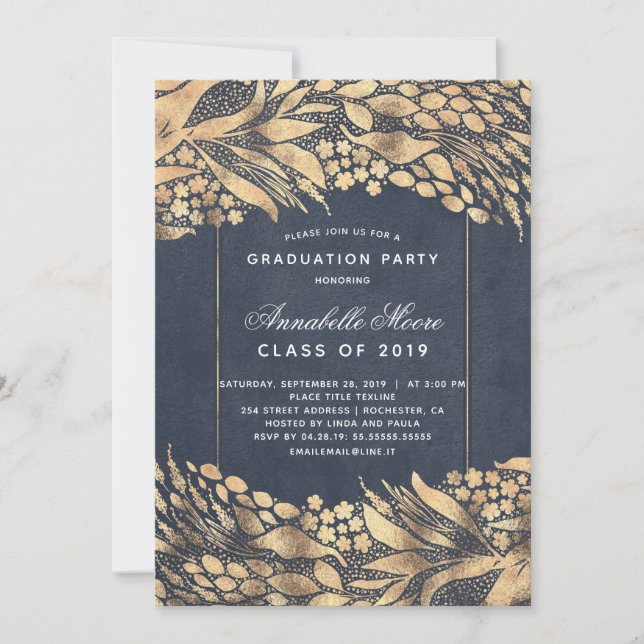 Gold Foliage Navy Blue Modern Graduation Party Einladung (Vorderseite)