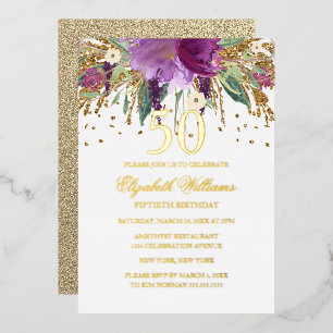 GOLD-FOLIE Floral Glitter Amethyst 50. Geburtstag Folieneinladung