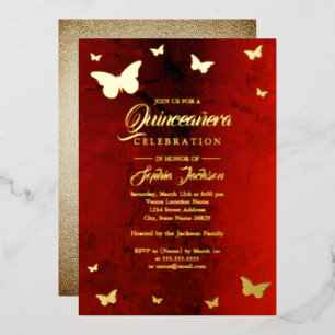 GOLD FOLIE Rote Schmetterling Quinceanera Folieneinladung