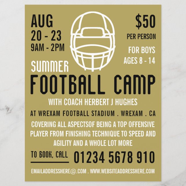 Gold Football Helm, Fußball Camp Werbung Flyer (Vorne)