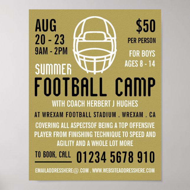 Gold Football Helm, Fußball Camp Werbung Poster (Vorne)