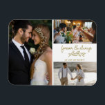 Gold Forever immer Foto Collage Hochzeit Magnet<br><div class="desc">Gold für immer und immer entwerfen Hochzeitsmagnete mit drei Ihrer Lieblings-Fotos. Zeigen Sie Ihrer Familie und Ihren Freunden Ihre Wertschätzung für die Teilnahme an Ihrer Hochzeitsfeier mit einem dieser schönen Keepsakes. Anpassen mit Namen. Kontaktieren Sie mich über den unten stehenden Button, wenn Sie Hilfe bei Ihren Fotos benötigen oder eine...</div>