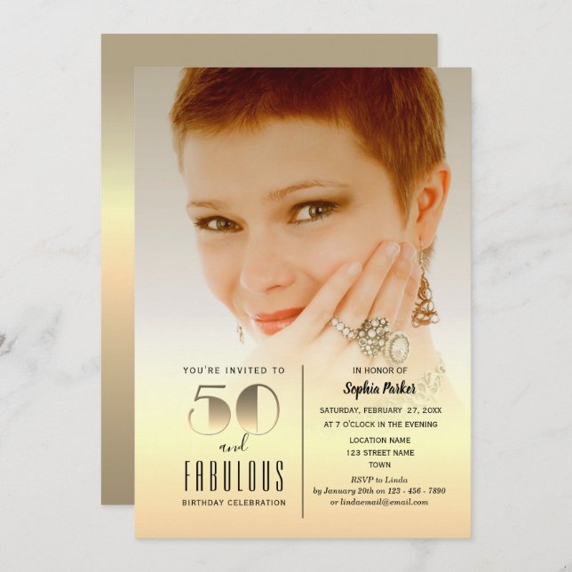 Gold Foto 50. Geburtstag Einladung (Vorne/Hinten)
