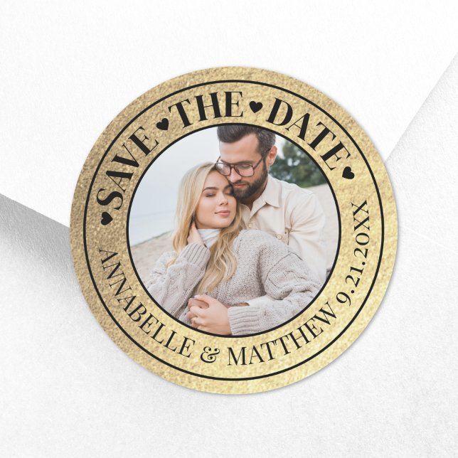 Gold-Foto-Hochzeit speichert das Datum Runder Aufkleber (Photo Wedding Gold Save The Date Classic Round Sticker)