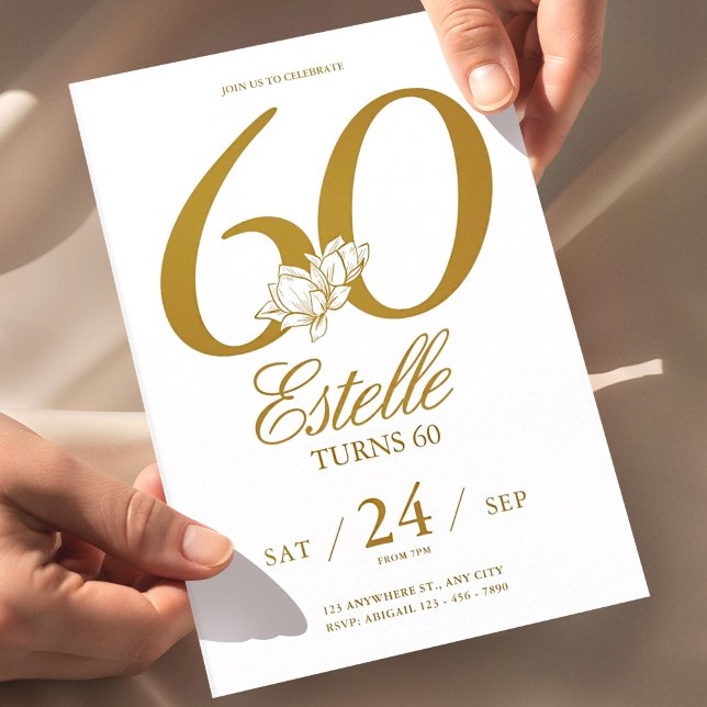 Gold Foto Save the Date 60. Geburtstag Einladung (60th birthday invitation white gold, elegant floral birthday invite, minimalist gold birthday invita)