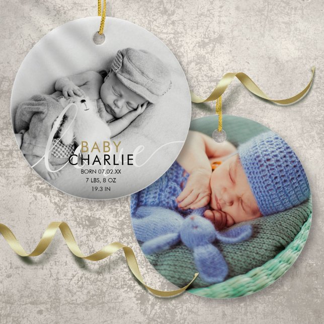 Gold Foto Script Baby Birth Stats Ankündigung Keramik Ornament (2 Photo Script Baby Birth Stats Announcement Ceramic Ornament)