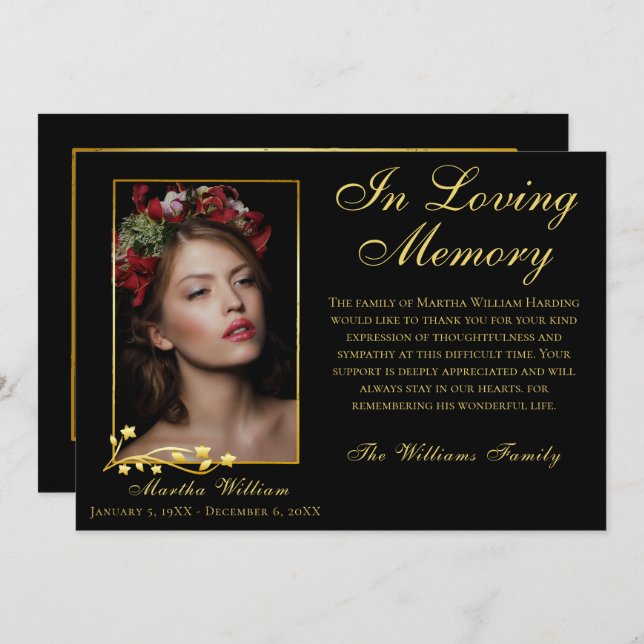 Gold Frame Beerdigung Foto Elegantes Skript Vielen Dankeskarte (Vorne/Hinten)