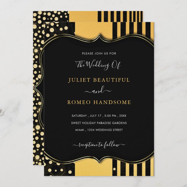 Gold Frame Black Wedding Einladungskarte (Vorne/Hinten)