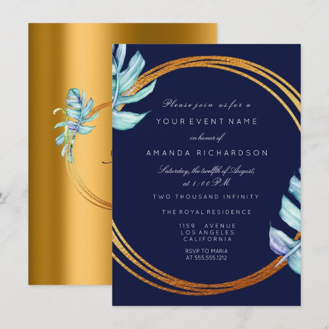 Gold Frame Blue Navy Monogram Tropical Bridal Wedd Einladung (Vorne/Hinten)