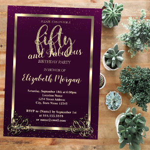 Gold Frame Confetti Violet 50. Geburtstagsparty Einladung