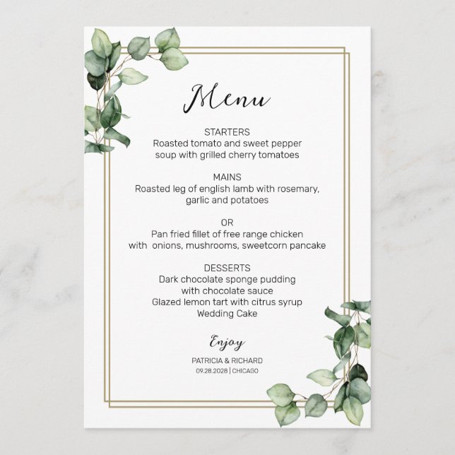 Gold Frame Greenery Elegante Wedding Menu Card Menükarte (Vorderseite)