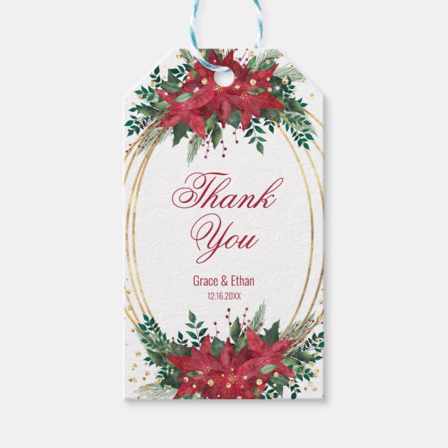 Gold Frame Holiday Poinsettia Wedding Geschenkanhänger (Vorderseite)