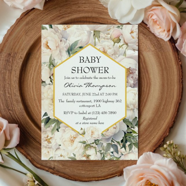 Gold Frame Ivory Peony Garden Baby Shower Einladung (Von Creator hochgeladen)
