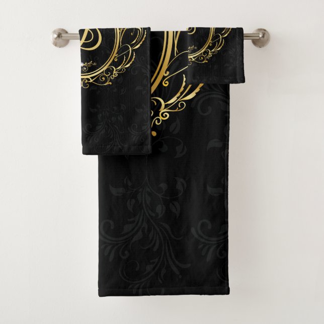 Gold Frame Monogram Black Damask Hintergrund Badhandtuch Set (Insitu)