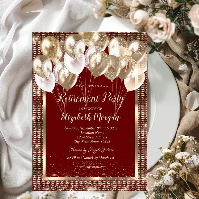 Gold Frame Sequins Balloons Red Retirement Einladung (Von Creator hochgeladen)