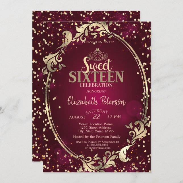 Gold Frame Tiara, Diamonds Burgundy Sweet 16 Party Einladung (Vorne/Hinten)