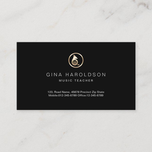 Gold French Horn Icon Music Teacher Business Card Visitenkarte (Vorderseite)