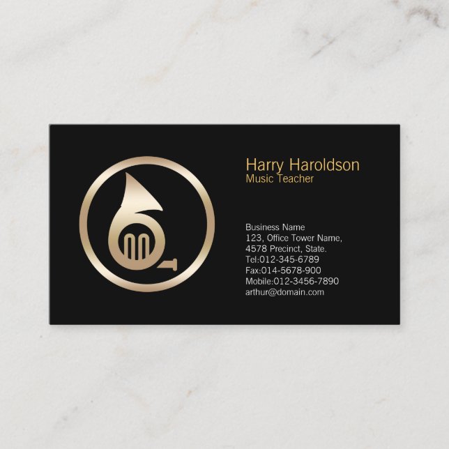 Gold French Horn Icon Music Teacher Business Card Visitenkarte (Vorderseite)