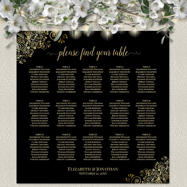 Gold Frills 15 Table Wedding Seating Chart Black Poster (In Situ on Wall with Decorations)