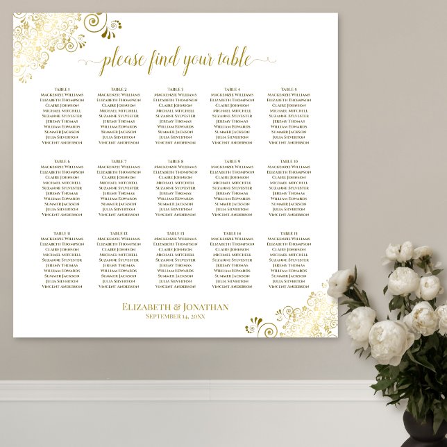 Gold Frills 15 Table Wedding Seating Chart Weiß Poster (In Situ on Wall)