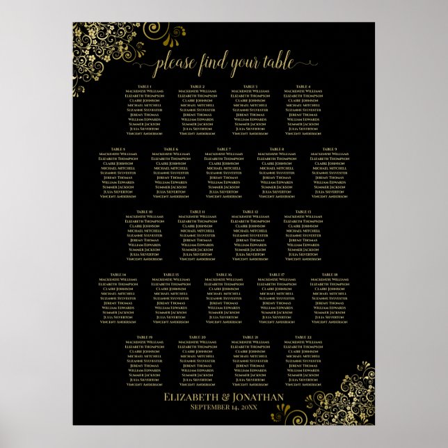 Gold Frills 22 Table Wedding Seating Chart Black Poster (Vorne)