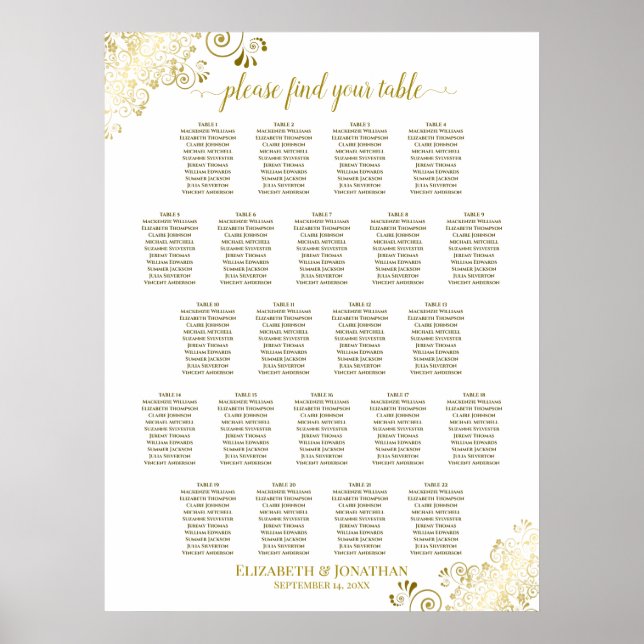 Gold Frills 22 Table Wedding Seating Chart Weiß Poster (Vorne)