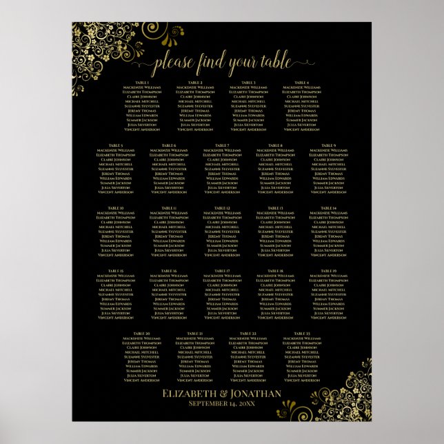 Gold Frills 23 Table Wedding Seating Chart Black Poster (Vorne)