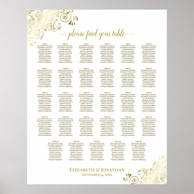 Gold Frills 29 Table Wedding Seating Chart Weiß Poster (Vorne)