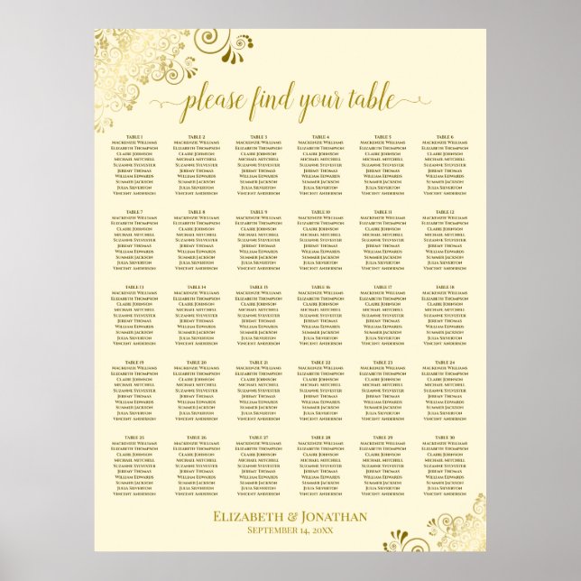 Gold Frills 30 Table Seating Chart Cream Poster (Vorne)