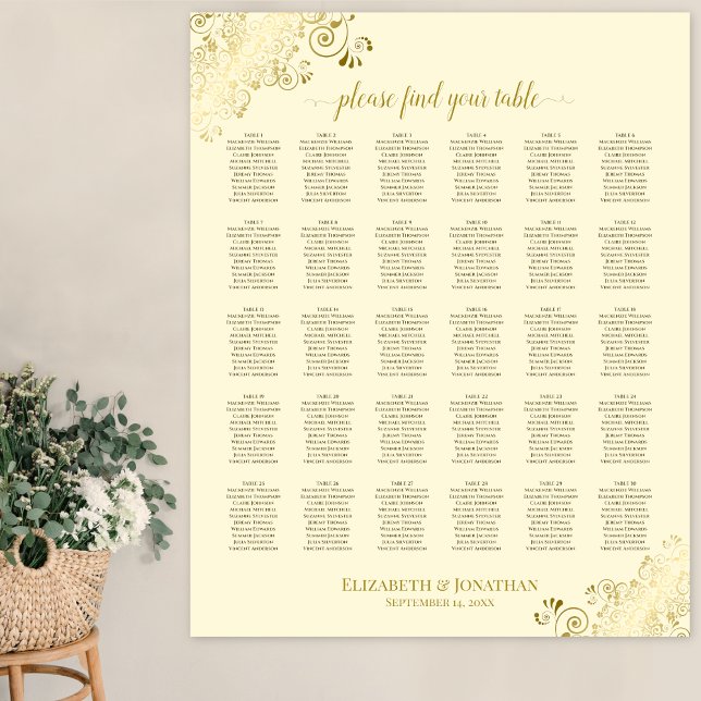 Gold Frills 30 Table Seating Chart Cream Poster (In Situ on Wall)