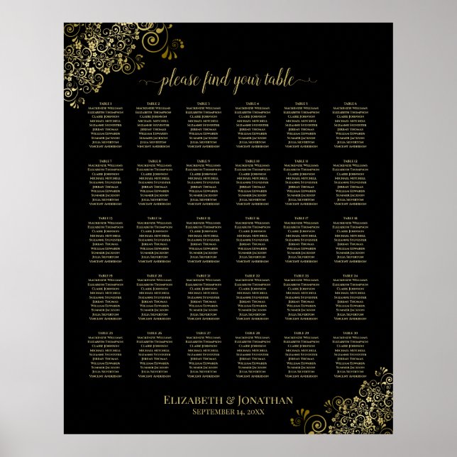 Gold Frills 30 Table Wedding Seating Chart Schwarz Poster (Vorne)