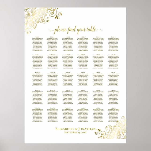 Gold Frills 30 Table Wedding Seating Chart Weiß Poster (Vorne)