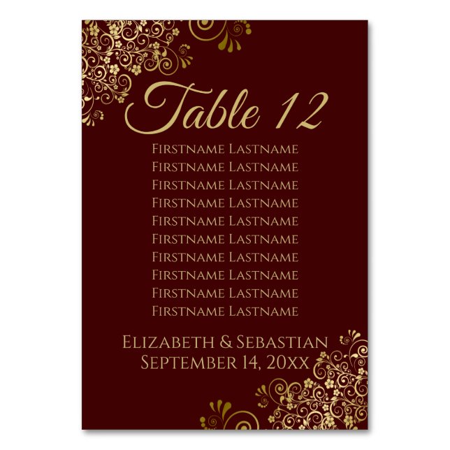 Gold Frills Auburn Elegante Seating Chart Tischnummer (Rückseite)