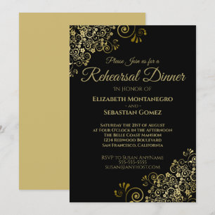 Gold Frills auf Black Wedding Probe Dinner Einladung