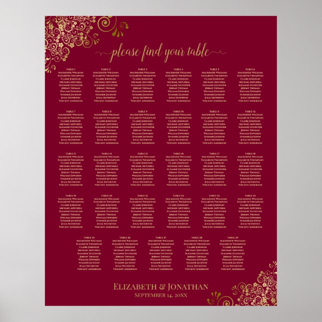 Gold Frills auf Burgund 29 Table Seating Chart Poster (Vorne)