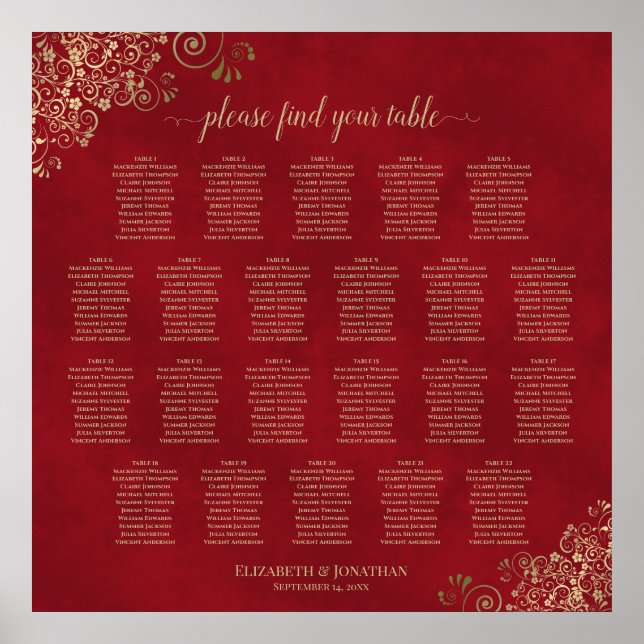Gold Frills auf Red 22 Table Seating Chart Poster (Vorne)