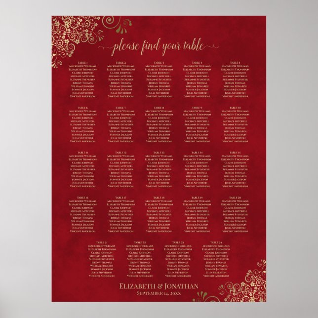 Gold Frills auf Red 24 Table Seating Chart Poster (Vorne)